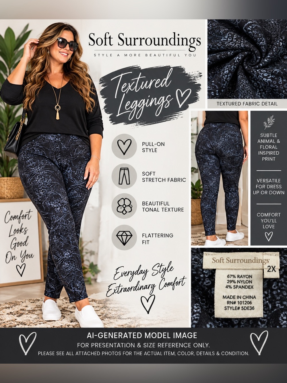 Soft Surroundings Tonal Textured Pull-On Leggings Black 2X